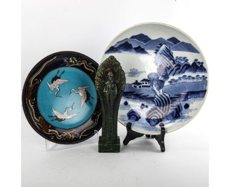 A Chinese blue and white porcelain plate, diameter 29cm, a cloisonne enamel plate decorated with storks, diameter 24.5cm, and