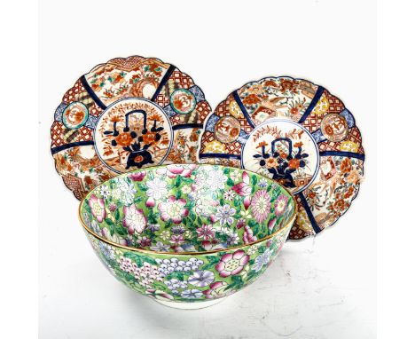 A pair of Chinese Imari pattern plates, diameter 25cm, and a Chinese porcelain bowl with enamel flowers, diameter 26cm (3)1 o