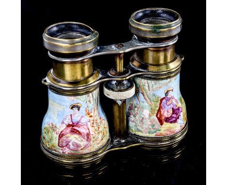 A pair of brass and enamel opera glasses, hand painted romantic scenes 