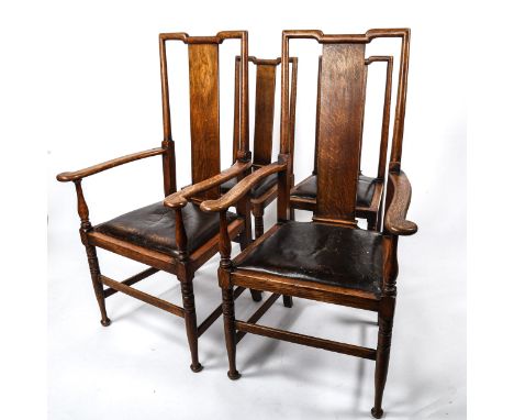 A set of 4 Victorian Aesthetic Tabard Inn oak chairs (2 + 2), with original leather drop-in seats; Morris & Co / William Birc