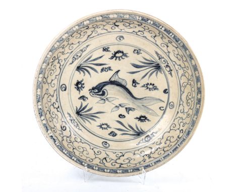 A Chinese blue and white ceramic bowl, with hand painted fish design, diameter 34cmThere is an area of professional restorati