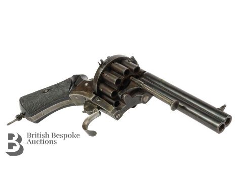 Late 19th century Belgian double barrelled 20-shot 7mm over and under barrel pin fire revolver, fully fluted cylinder, foldin
