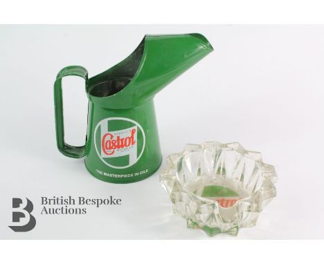 A glass Castrol Garage Reception desk ashtray together with an enamel metal Castrol oil jug, approx 18 cms h.&nbsp;