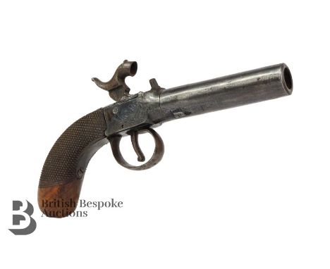 Mid-19th century percussion box-lock pocket pistol, proof marks to the barrel, finely cross-hatched grip monogramed and dated