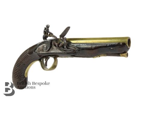 Higham of Warrington brass-furnished barreled flintlock holster pistol, brass foliate engraved trigger guard with an acorn fi