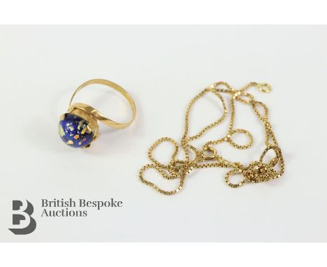 18ct gold box chain, approx 51 cms in length, approx 3.87 gms together with an 18ct Egyptian fancy glass ring size Q, total w