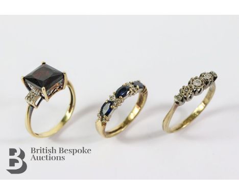 9ct gold rings, including a 9ct oval sapphire and diamond ring, the ring set with three marquise-cut sapphires approx 5 x 3mm