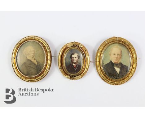 Three 14ct yellow gold mourning brooch pendants. The first of the three has a swivel portrait pendant depicting a Victorian c