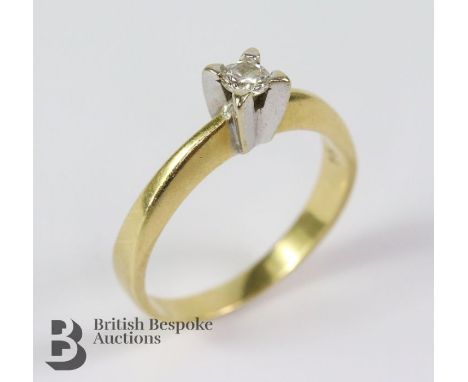 18ct yellow gold diamond solitaire ring, size P, set with approx 15 pts of dias, approx 3.97 gms.&nbsp;
