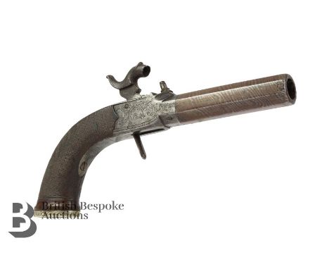 A box-lock percussion pocket pistol with a Damascus barrel, having proof marks to the frame engraved 250, secret trigger with