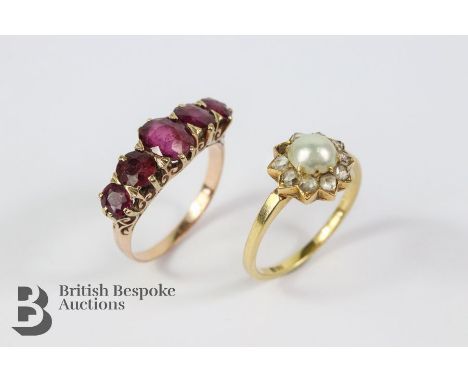 18ct yellow gold rose-cut diamond and mabe pearl ring, size P, approx 3 gms surrounded with 18 pts of rose-cut dias (af) toge