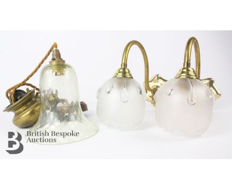 Late Victorian 'Rise and Fall' ceiling lamp, approx 18cms vaseline shade, together with two Victorian gas lights converted fo