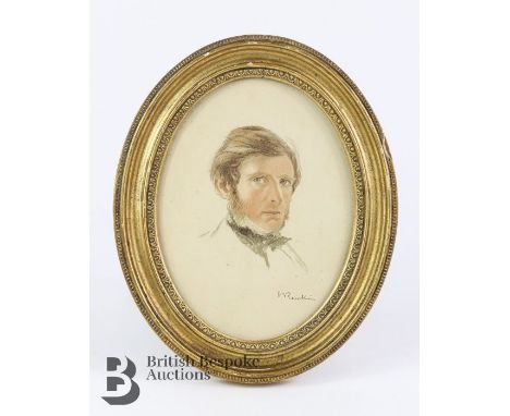 Self portrait of John Ruskin, chromolithograph with watercolour entitled J Ruskin, approx  17 x 22 h cms, after a watercolour