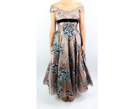 1940's vintage spagetti strap evening gown with ruched bodice in satin material with cerise,blue,white and green floral desig