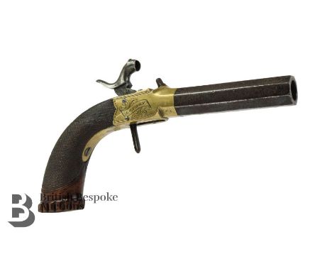 Wilson's of London brass framed box-lock percussion pocket pistol, having a hexagonal turn-off barrel, close hatched walnut g
