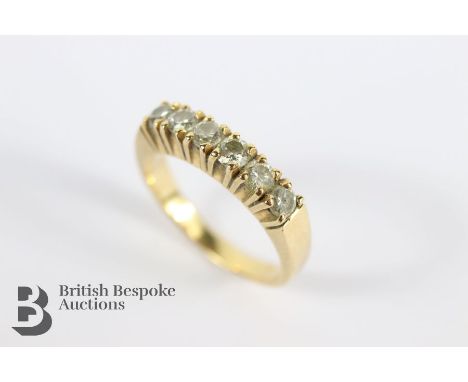 18ct yellow gold six-stone diamond ring. The ring set with approx 42 pts of dias, size L+, approx 3.6 gms.&nbsp;
