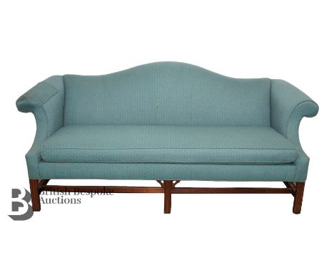 Duck egg blue three-seater sofa having a mahogany frame approx 190 w x&nbsp; 90 h cms x 50 d cms and a matching wing back cha