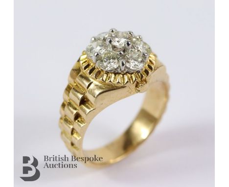 Lady's 18ct yellow gold and diamond Rolex-style ring, size L, set with approx 90 pts of dias, approx 6.4 gms.&nbsp;