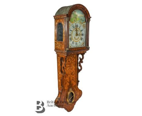 19th century Dutch marquetry wall clock. The clock having a 10" painted arched dial with Roman and Arabic numerals, centre al