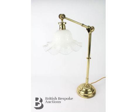 Victorian angle-poise lamp, brass with rosette adjusters together with a lovely white 'lace' glass shade, total height when f