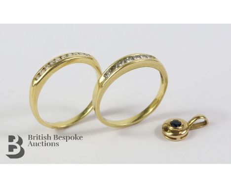 18ct yellow gold channel set diamond ring, size P, 2.83 gms set with 10 pts of brilliant-cut dias together with another 18ct 