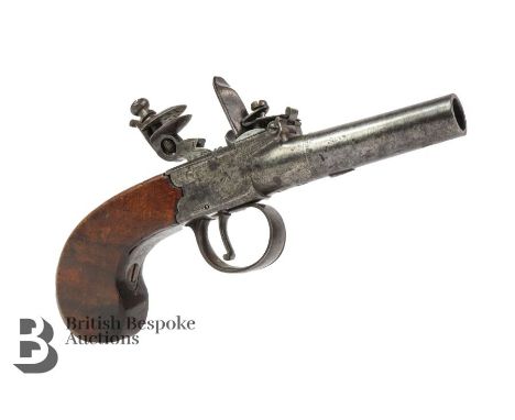 Twigg of London box-lock, flintlock pocket pistol, slab-sided walnut grip, with a turn off barrel, proof marks to the barrel.