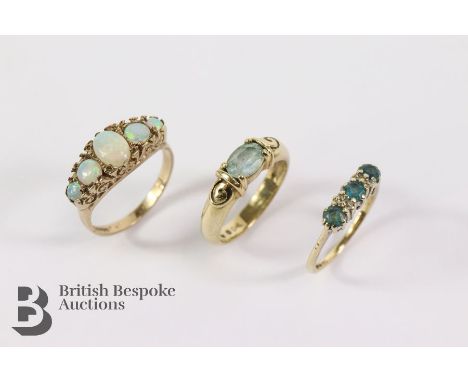 Collection of 9ct gold rings, including a 9ct gold opal ring, the ring set with five opals from 2.5 to 7 x 5mm, size O; a top