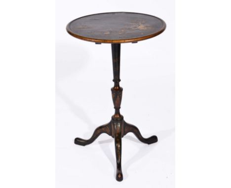 19th Century ebonised tripod table with allover chinoiserie decoration, the circular top on turned column and tripod base, 66