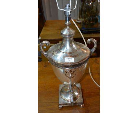 Sheffield plated samovar with heraldic shield, of classical form, 19th Century, converted to a table lamp, 51cm