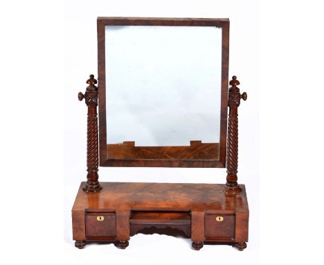 Victorian mahogany swing toilet mirror with barley-twist supports, three drawers to front, all on turned bun feet, 89cm high,