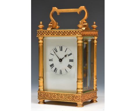 A French carriage timepiece with white enamel Roman dial, cylinder escapement, the back plate stamped with initials 'DH' for 