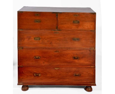 19th Century military campaign chest in two sections, with brass handles and bindings, with two short over three long drawers