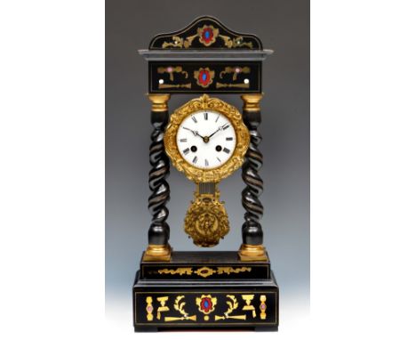 A 19th Century French portico mantel clock with white enamel Roman dial, the Marti twin train movement with outside count whe