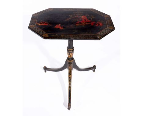 19th Century ebonised occasional table with chinoiserie decoration to the top on tripod supports, 62cm