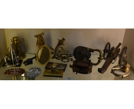 Victorian fishing reel ,a miniature cannon, a gilt frame, two enamel plaques and other miscellaneous pieces