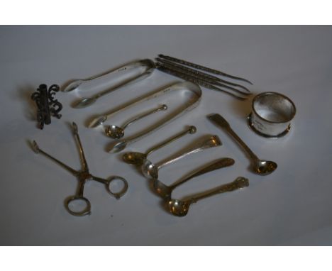 Small collection of miscellaneous silver and other wares including a pair of Georgian silver sugar tongs with chased decorati
