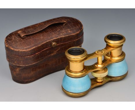 Pair of Continental opera glasses in original case with pale blue enamel decoration