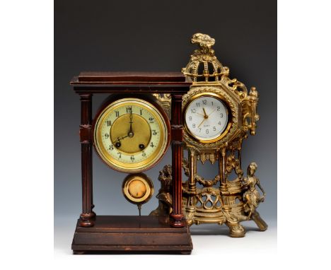 A Hamburg American portico mantel clock the two piece dial with enamelled Gothic chapter ring and bell strike, 29.5cm high, t