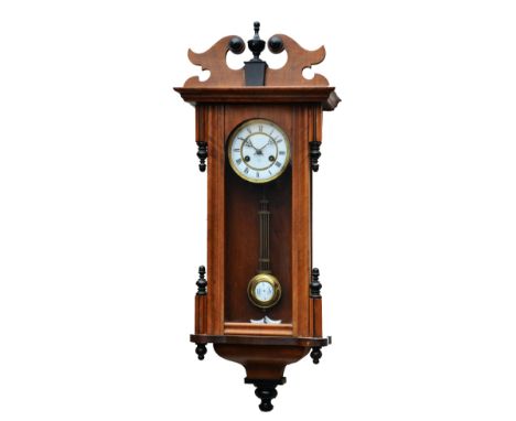 A Junghans regulator type wall clock with two piece white enamel Roman dial, twin train movement with coiled gong strike and 