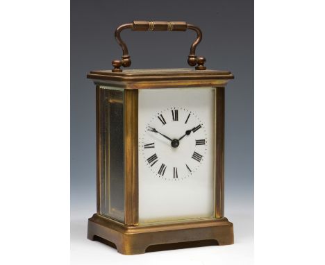 A French carriage timepiece with white enamel Roman dial, platform lever escapement and obis case, 11cm high