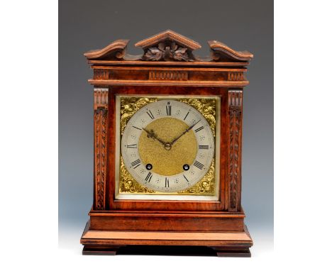 A Lenzkirch figured walnut mantel clock the square brass dial with silvered Roman chapter ring and Arabic five minutes with m