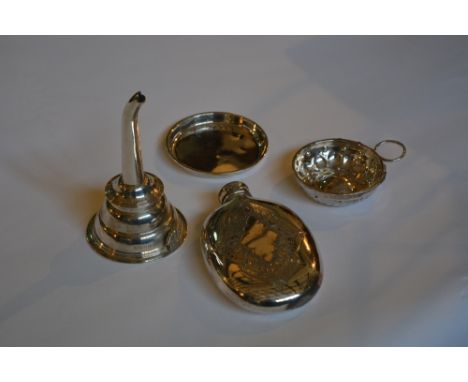 Modern Georgian style silver wine funnel  with reeded borders, together with a French white metal taste vin, a small open sil