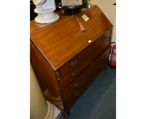 Georgian mahogany bureau with fall front over four long drawers, on turned feet, 109cm high, 108cm wide