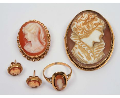 Small collection of various cameos including examples of earrings, brooches and a ring, one in 9ct gold frame