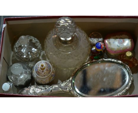 Small collection of miscellaneous including a cut glass perfume bottle with silver mounted neck, a silver backed mirror with 