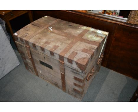 Large oak and metal bound trunk with original brass label inscribed David Ricardo Esq no. 2, 92cm wide Provenance: Gatcombe P