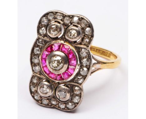 18ct gold and platinum ladies ring in the Art Deco manner with stylised ruby and diamond setting