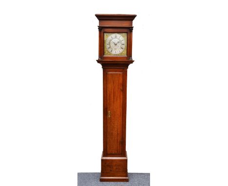 An oak thirty hour longcase clock the 10" square brass dial with silvered Roman chapter ring, Arabic five minutes and fleur-d