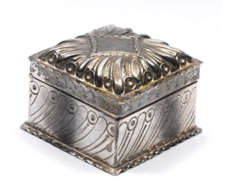 Silver trinket box of square shaped form with crimped edges and embossed geometric decoration (marks rubbed)