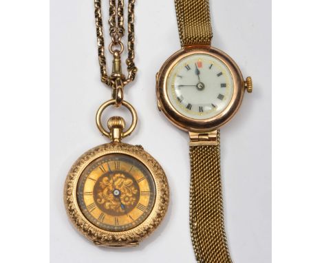 9ct gold ladies wrist watch with enamel dial, together with a continental 14ct gold fob watch with engraved case, gilt dial a